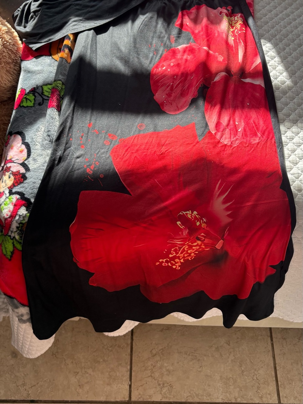 SHEIN Black Maxi Skirt with Large Red Floral Print
